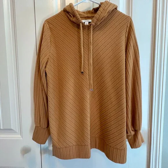 Nine West Women's Large Brown/Gold Tunic Textured Hoodie Sweatshirt - Picture 2 of 6